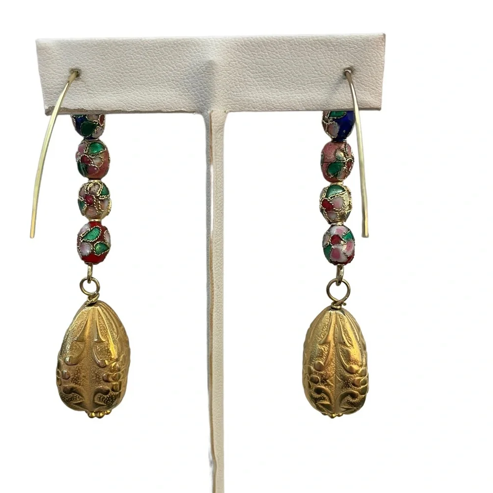 HAND CRAFTED Pierced Earrings Cloisonnés Gold Statement Drops Marquis Ear Wires